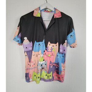 MonMon Mens Colorful Cat Pattern Button-Up Hawaiian Shirt Short Sleeve NWOT